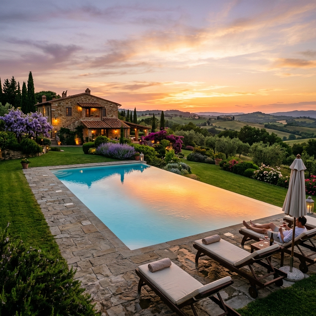 Infinity swimming pool at sunset